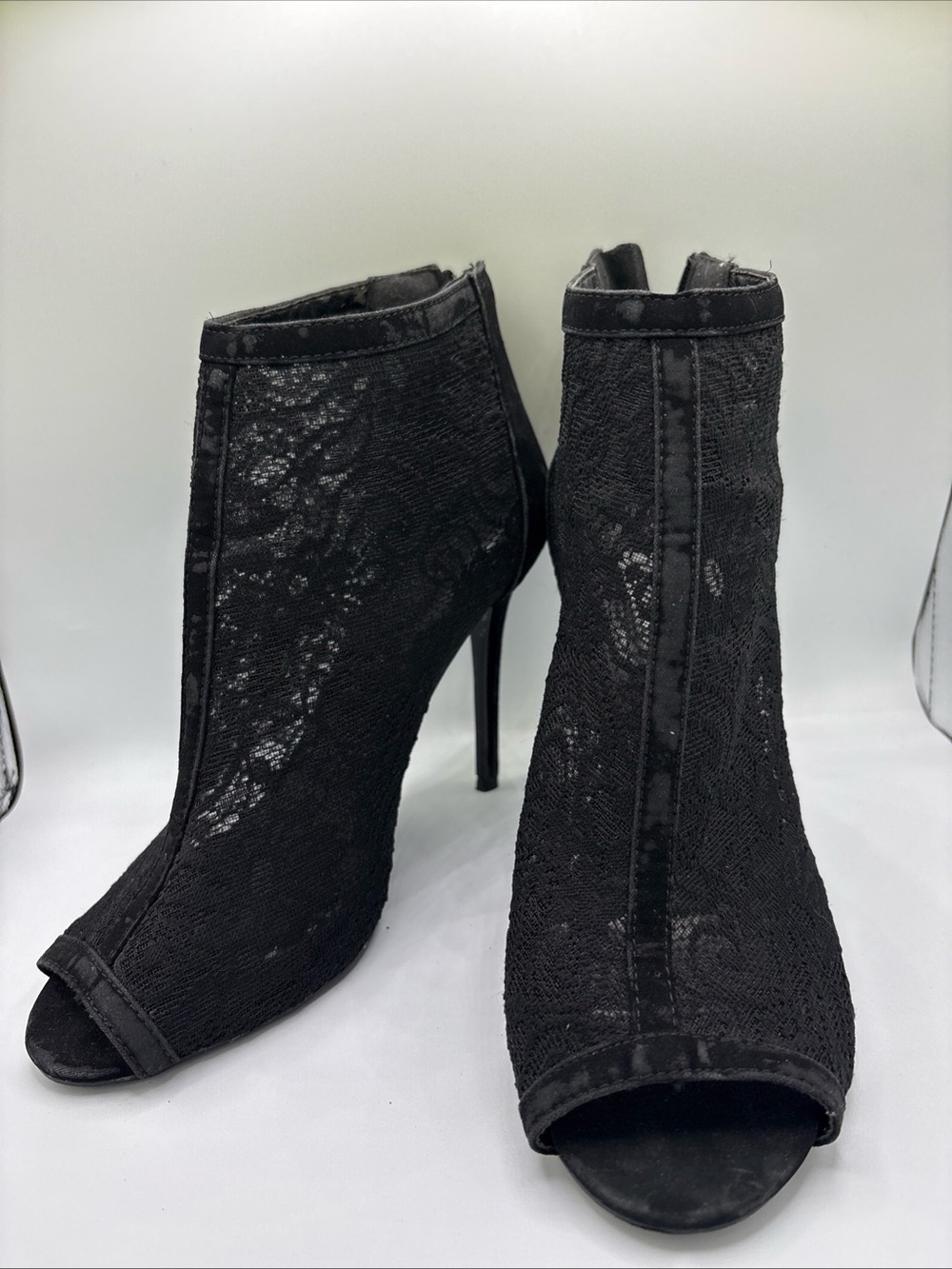 Black Lace Peep-Toe Stiletto Ankle Boots